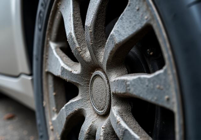 A close-up of a brake-dust covered alloy wheel.