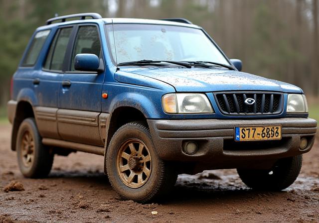 A muddy blue SUV before washing.