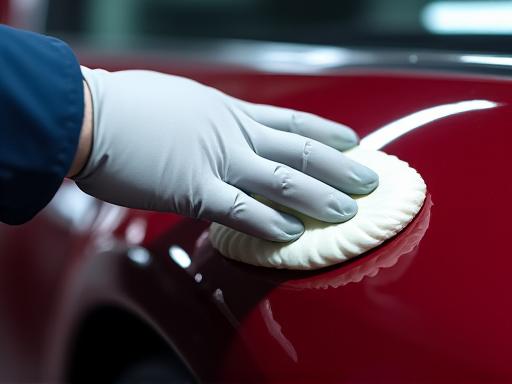 A detailer carefully applying wax to a luxury car.